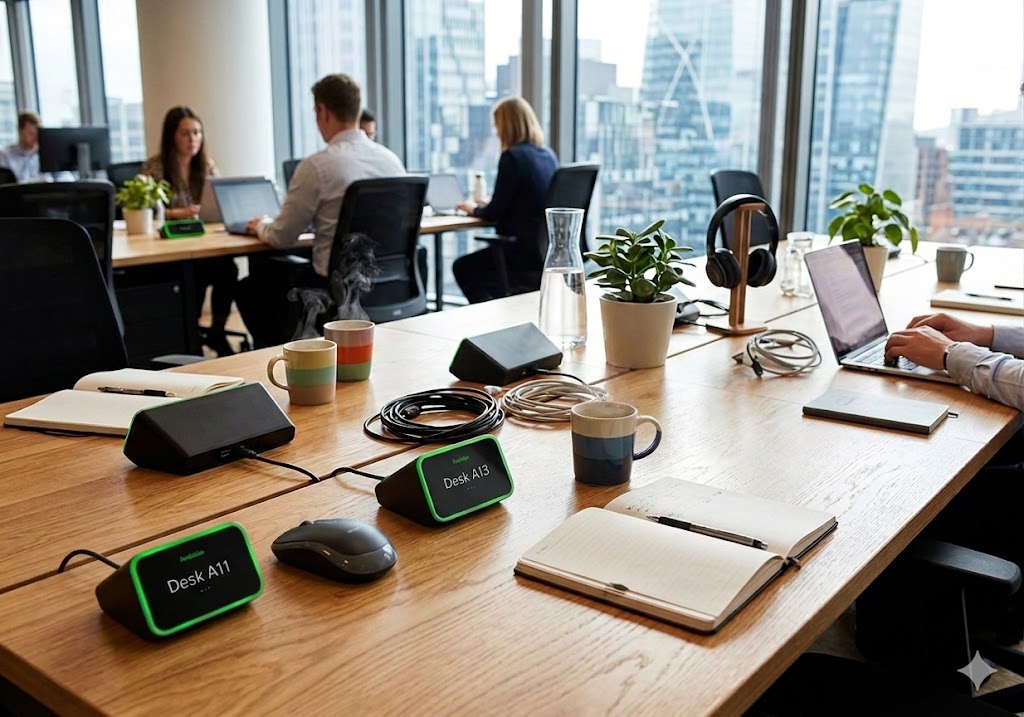 Modern corporate conference room table featuring Evoko smart desk booking and workplace management devices