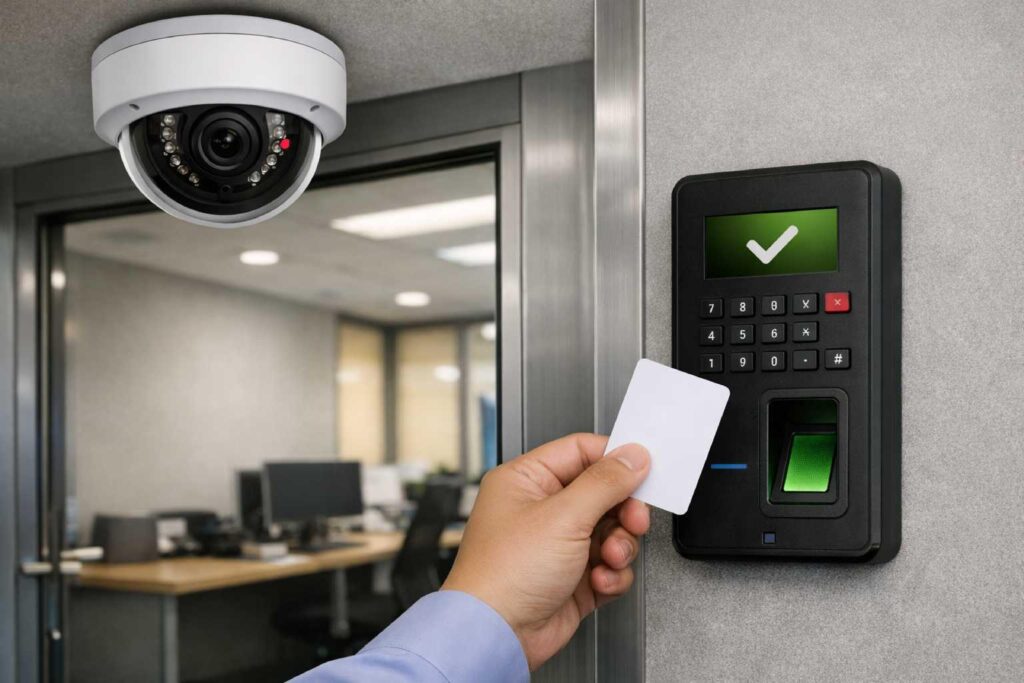 Biometric door access reader and dome CCTV camera installed in an office for security.