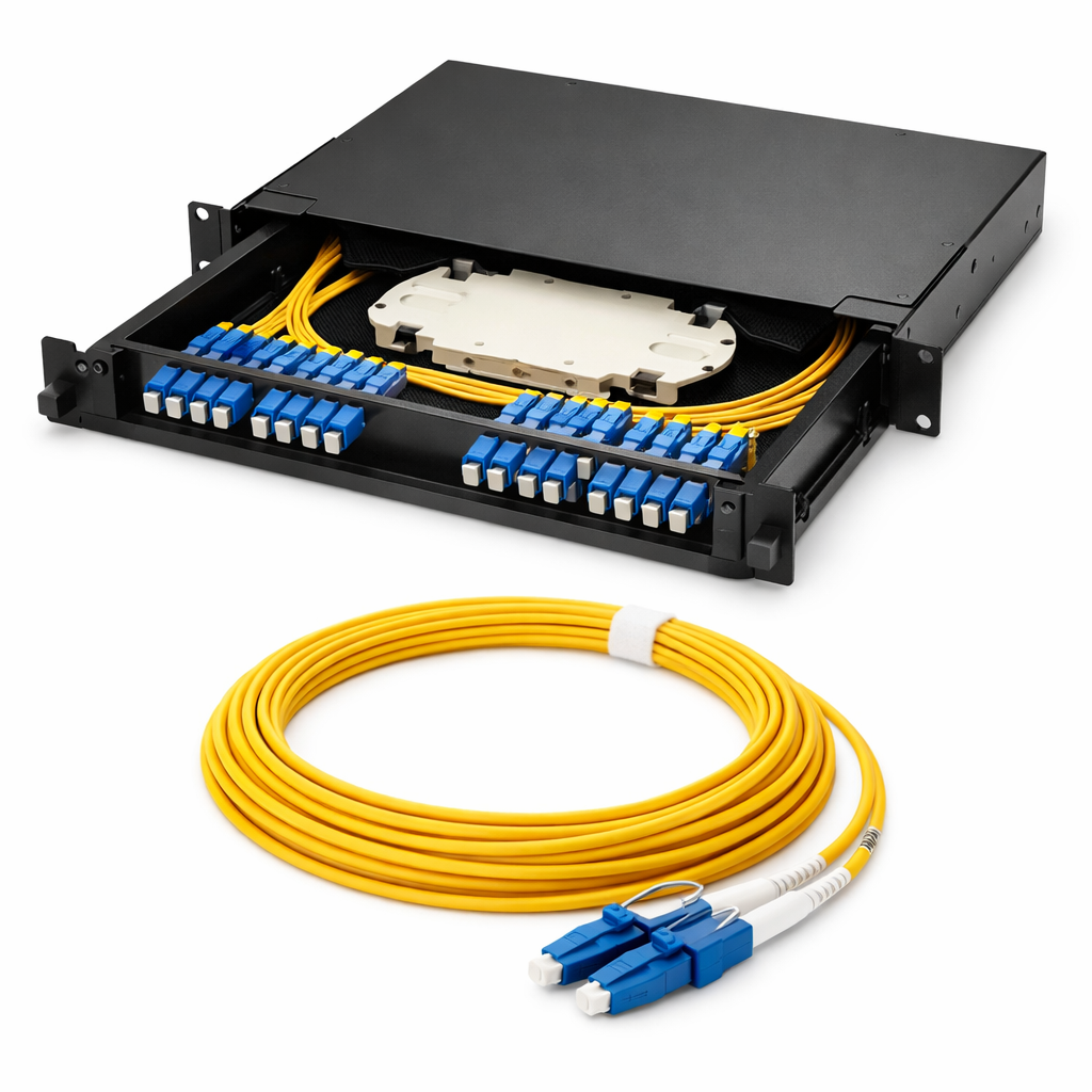 Fiber optic patch panel and distribution drawer for business network installation