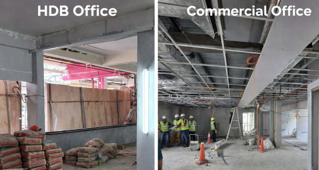 HDB office rental fit-out vs commercial office building interior comparison
