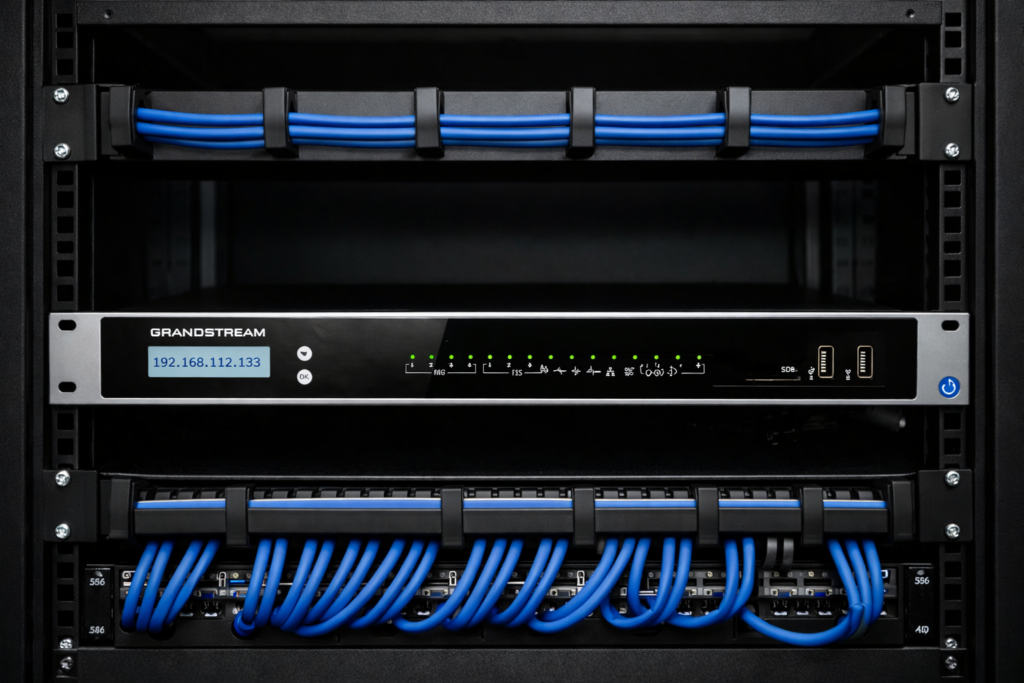 Telecom infrastructure UDM device installed in a network cable rack