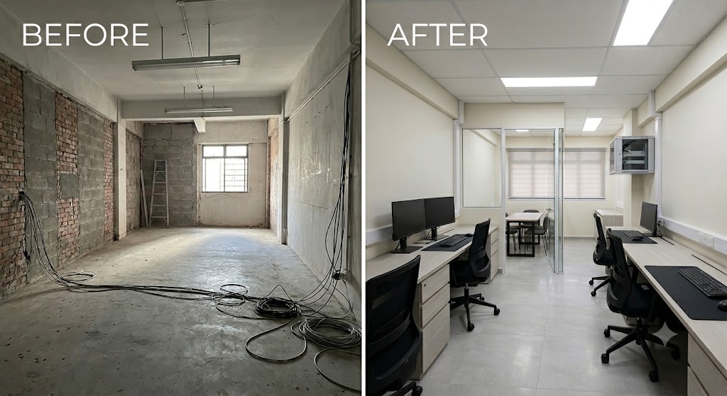 HDB office fit-out transformation showing bare shell to fully equipped office