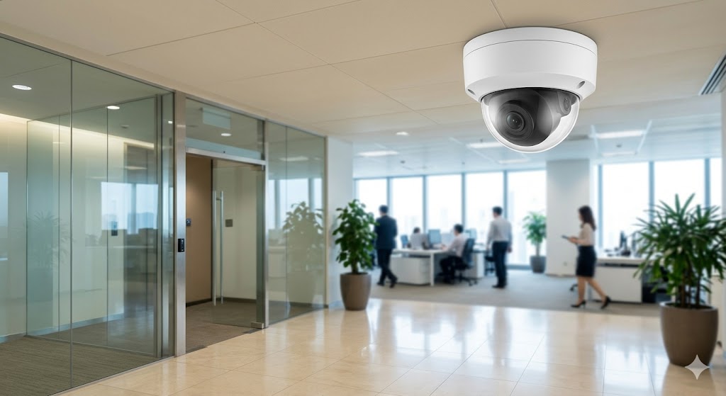 Professional indoor CCTV camera installation in a modern office setup in Singapore.